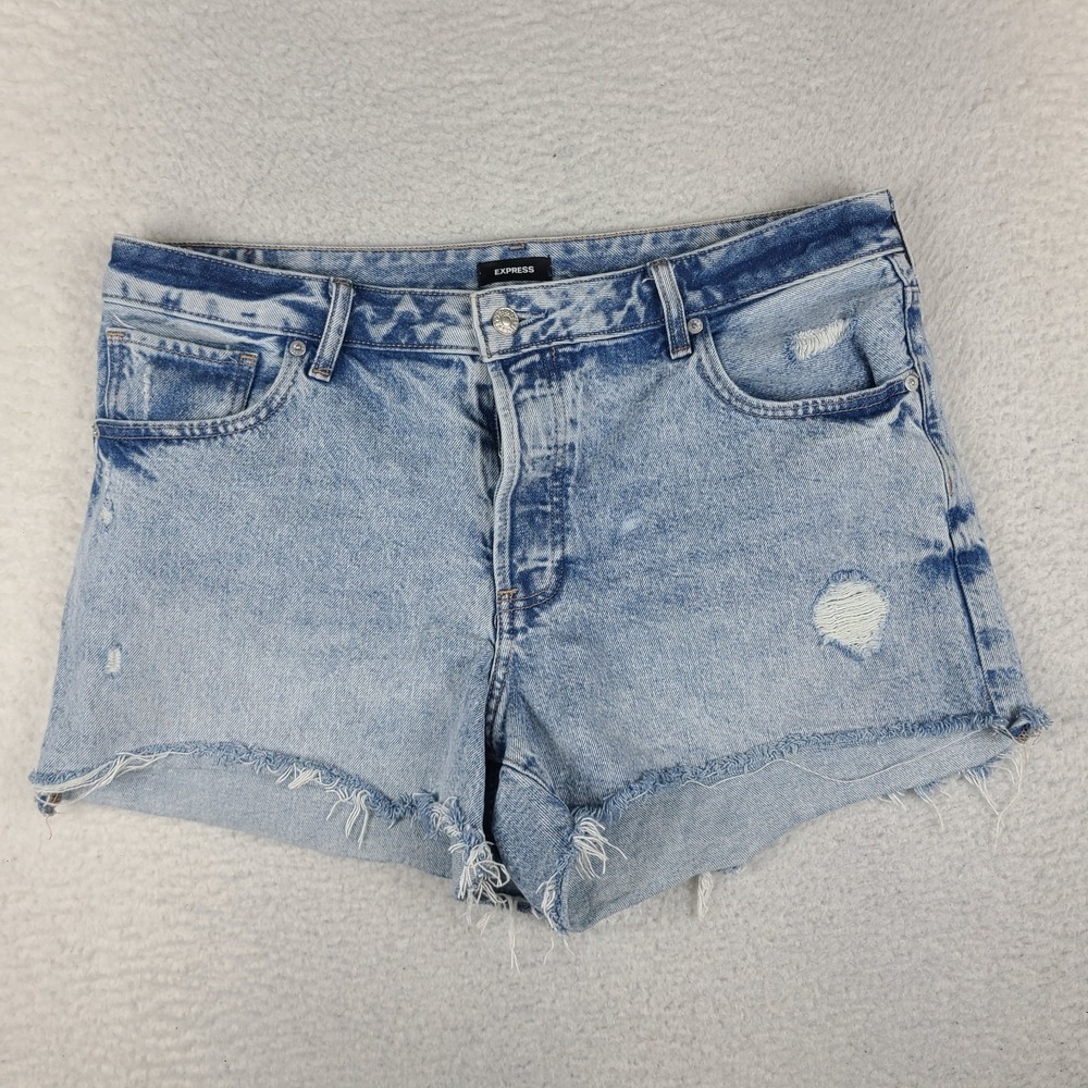 EXPRESS Jean Shorts Womens 14 Boyfriend Midi Mid Rise 4" Button Fly Blue Denim